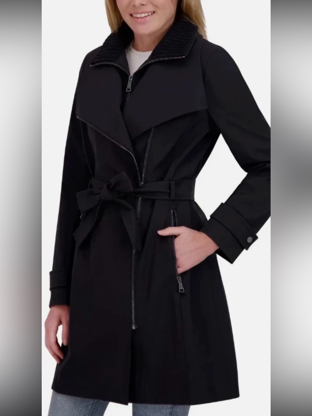 Halston Womens Trench Coat, Belted, Water-Resistant - Black -- Large - Like Nee